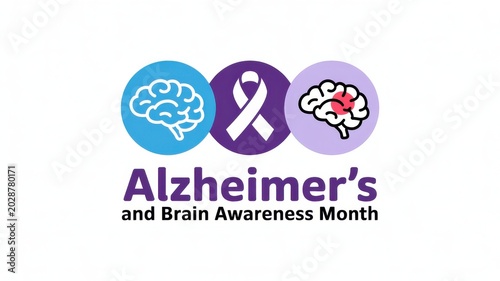 Alzheimer's and Brain Awareness Month ribbon and brain icons isolated on white background