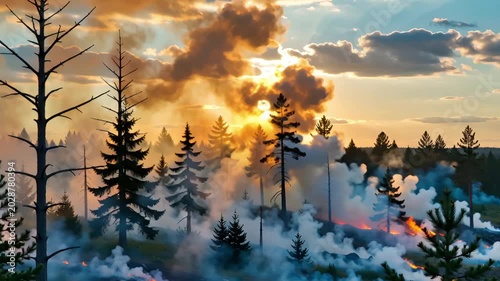 Forest fire smoke rising under sunset sky with dramatic clouds  