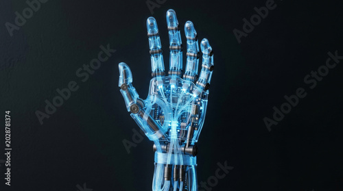 Futuristic robotic hand with illuminated circuitry, showcasing advanced technology and design.