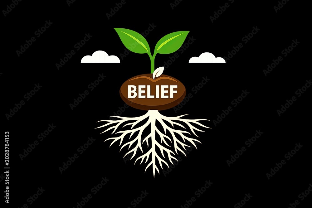 Naklejka premium A close-up view of a plant with the word 'Belief' written above it, ideal for representing faith and trust