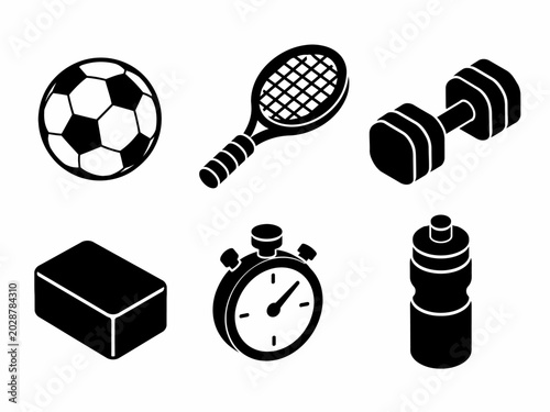 Sports equipment icons: soccer ball, tennis racket, dumbbells, stopwatch, water bottle