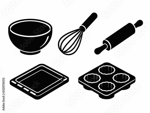 Silhouette icons of baking tools: bowl, whisk, rolling pin, and bakeware