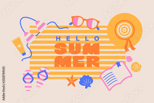 Greeting summer banner. Hot season holiday beach vibe. Top view on beach accessories beach umbrella, sunglasses, seashells and book. Summer positive vibe design for sales, posters, covers, ads. Vector