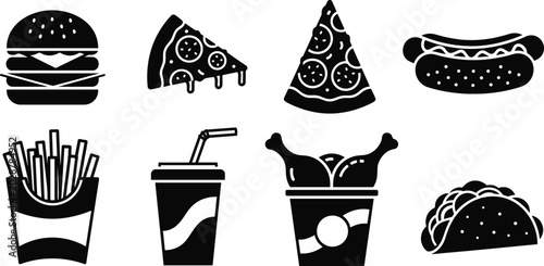Tableau sur toile Fast Food Icon Set Featuring Burger, Pizza, Hot Dog, Fries, Soft Drink, Roasted