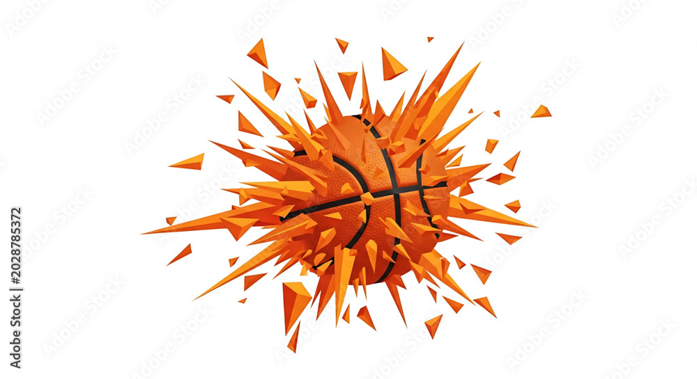 Obraz premium Exploding basketball with sharp geometric shards and debris