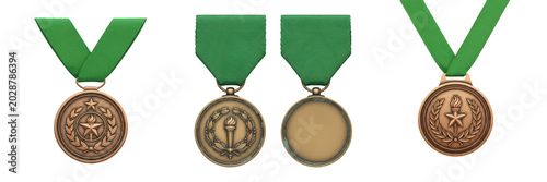 Photos Set of Four Bronze Award Medals with Green Ribbons Isolated on White Background,