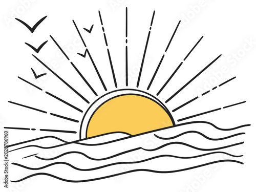 Minimalist hand drawn sunrise over ocean waves with flying birds vector illustration, minimalist