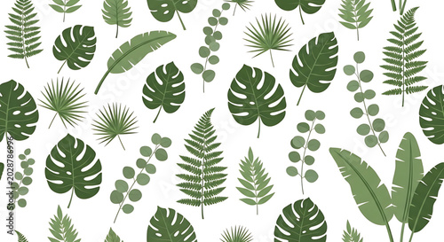 Seamless pattern with tropical leaves, exotic jungle foliage