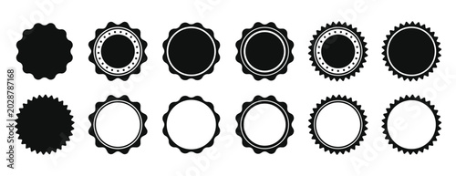 Set of twelve black circular badge with various serrated edges and decorative border patterns