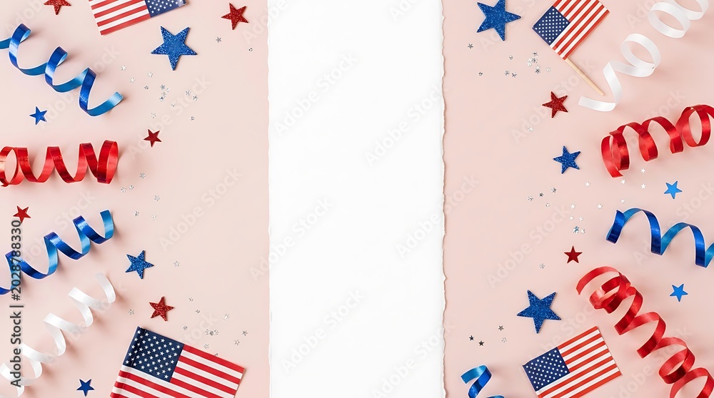 Obraz premium USA independence day happy independence day USA American Flag Decorations and Streamers on Pink red white blue confetti