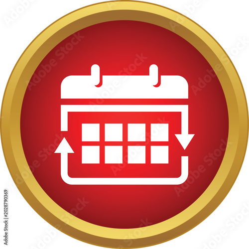 Red circular icon with white calendar and refresh arrows visualizing update and cycle