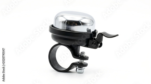 Chrome top bicycle bell with black mounting clamp isolated on white background for cycling safety and urban commuting equipment