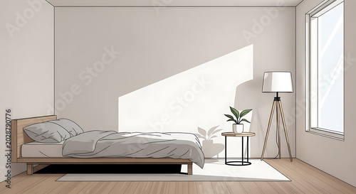 A modern bedroom interior with a bed and lamp on a wooden floor transparent background