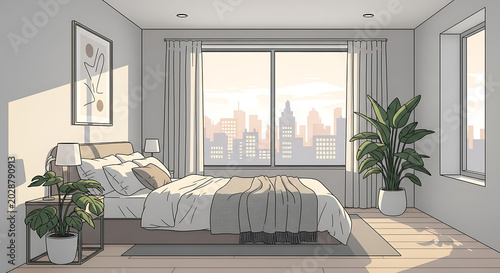 Cozy modern bedroom interior with city view and plants  comfortable urban retreat space transparent background