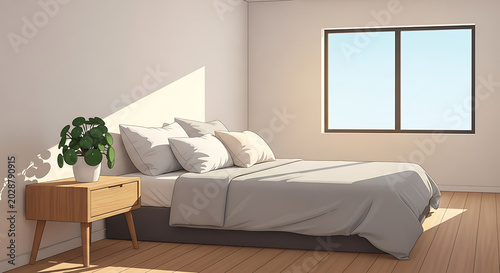 Modern minimalist bedroom interior with bed and wooden nightstand furniture  serene atmosphere transparent background