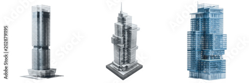 Modern Skyscraper Building Set, Architectural Concept Models, High-Rise Office Towers, Futuristic Glass Architecture, City Skyline Elements, 3D Rendered Urban Structures, Isolated Professional Corpora