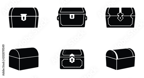 Obraz na płótnie Set of treasure chest icons, vector illustration of wooden pirate boxes with loc