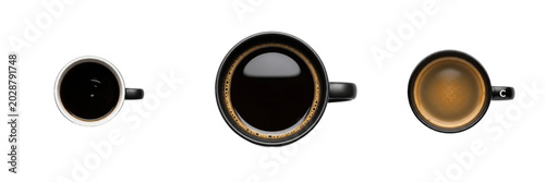 Set of Coffee Cups with Black Coffee and Espresso Viewed from Above Isolated on White Background