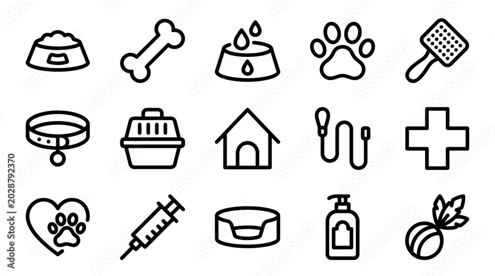 Fototapeta premium Collection of minimalist pet care icons representing animal accessories, grooming tools, veterinary supplies, and toys in a simple black line art style