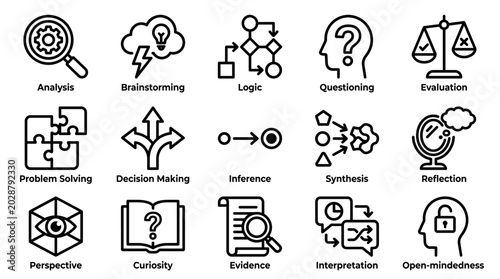 Critical thinking skills icon set with symbols for analysis, brainstorming, logic, problem solving, and decision making in a clean, minimalist black and white line art illustration