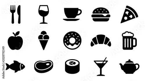 Collection of black glyph food icons representing various meals and drinks, including symbols for pizza, burger, coffee, wine, and sushi for restaurant or menu design