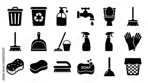 Set of black cleaning and hygiene icons featuring a trash can, broom, soap, toilet, gloves, and spray bottle, designed in a simple glyph style for household concepts