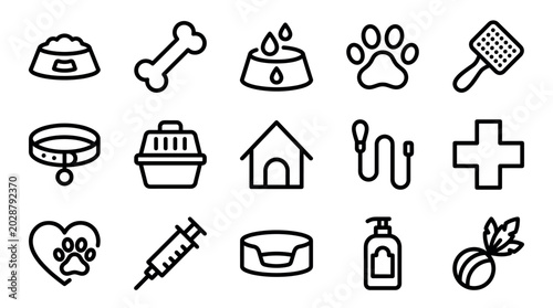 Collection of minimalist pet care icons representing animal accessories, grooming tools, veterinary supplies, and toys in a simple black line art style