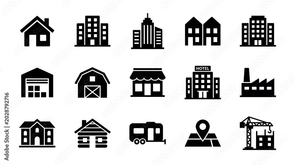 Fototapeta premium Diverse set of black building icons representing various types of real estate, from residential houses and urban skyscrapers to commercial shops, factories, and construction sites