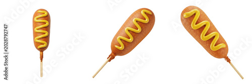 Set of Corn Dogs with Mustard Drizzle Isolated on White Background