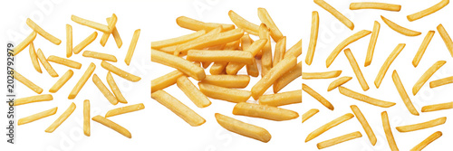 Set of 3 Delicious Golden French Fries PNGs, Crispy Fried Potato Strips, Isolated Transparent Backgrounds for Fast Food and Restaurant Menu Design