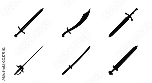 Tableau sur toile Set of various sword silhouettes, including longsword, scimitar, rapier, and kat