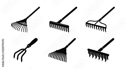 Canvastavla Set of garden rakes icons, black silhouettes of agricultural tools for lawn main