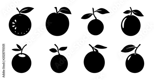 Bild auf Leinwand Black and white apple icons with leaves in different styles - A collection of stylized black and white apple icons featuring leaves, shown in varied artistic styles and orientations for design use