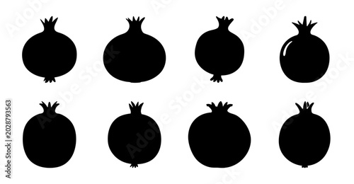 Black pomegranate fruit icon set with seeds - Minimalist black silhouette icons of pomegranates showing seeds, arranged in two rows of four for design or illustration use.