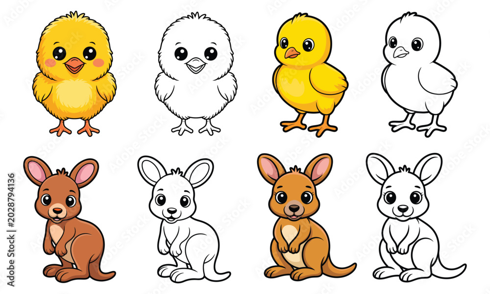 Fototapeta premium Sweet baby chick and kangaroo with friendly smiles, perfect coloring book illustrations for kids, featuring simple lines and cheerful cartoon style for educational and fun activities.