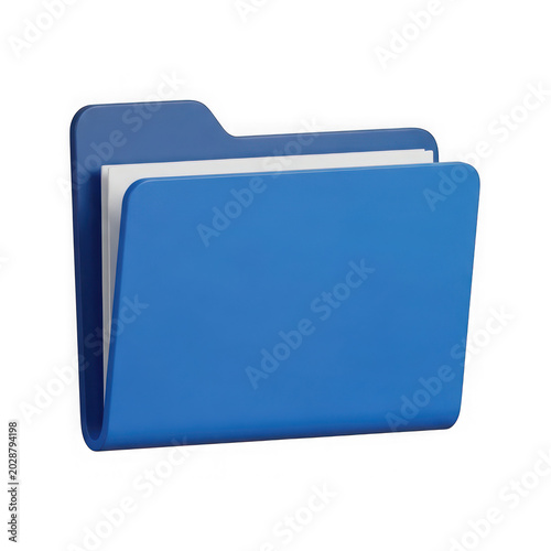 Blue open folder icon with paper documents inside for file management isolated on transparent background
