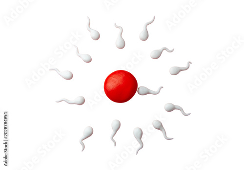 Foto Human egg cell surrounded by sperm cells, 3D fertilization process isolated on t