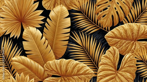 Gold banana and palm leaves, plus elephant ears, create a repeating pattern. This hand-drawn 3D design works well for wallpaper, clothes, and other products.