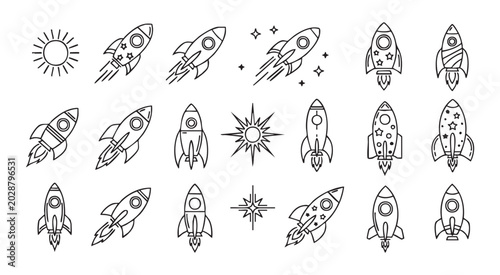 Konstfotografi Set of isolated space rocket icons with star bursts and solar elements on a transparent background