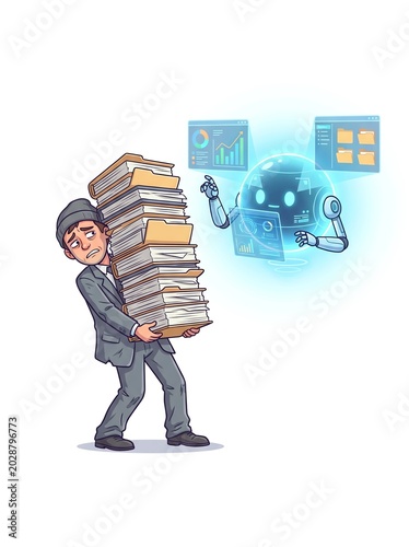 Businessman Carrying Heavy Files vs Robot Processing Digital Data