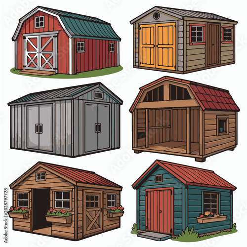 Set of Garden Sheds and Barns – Wooden and Metal Storage Buildings Vector Collection