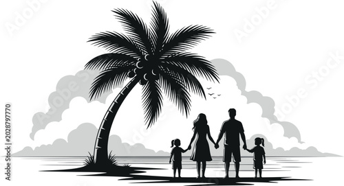 Bild auf Leinwand Black and white illustration of a family on a beach vacation