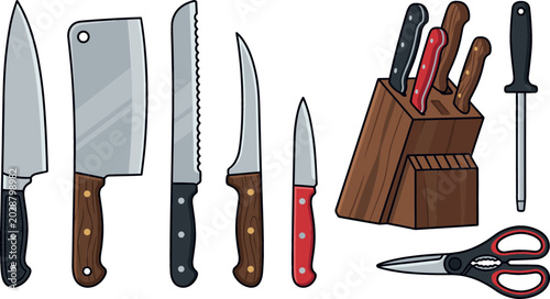 Konstfotografi Professional vector kitchen knife set featuring chef knife, cleaver, bread knife, paring blades, wooden block holder, honing steel, and kitchen shears for cooking