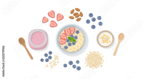 A bowl of oatmeal with fruit and nuts.