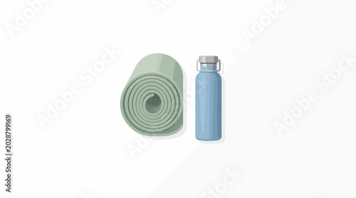 Yoga mat and water bottle setup.