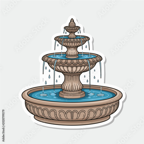Classic Decorative Water Fountain Vector Illustration Sticker Design