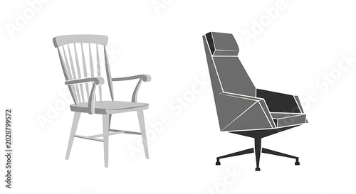 White folding chair with metal frame and black cushioned folding lounge chair with metal legs