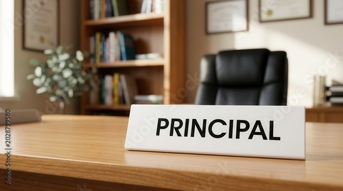 A principal office desk featuring a signboard representing school authority and leadership.