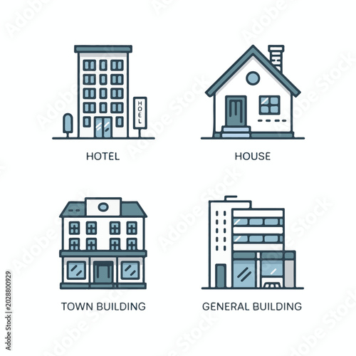 Minimal Building Icons Set Vector Illustration for Hotel House and Town Buildings