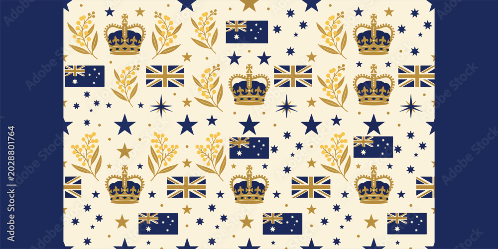 Fototapeta premium Seamless Australian Kings Birthday pattern with golden crowns, flags, wattle sprigs and scattered stars on navy background, festive royal digital paper for wrapping, textiles, wallpaper, celebration